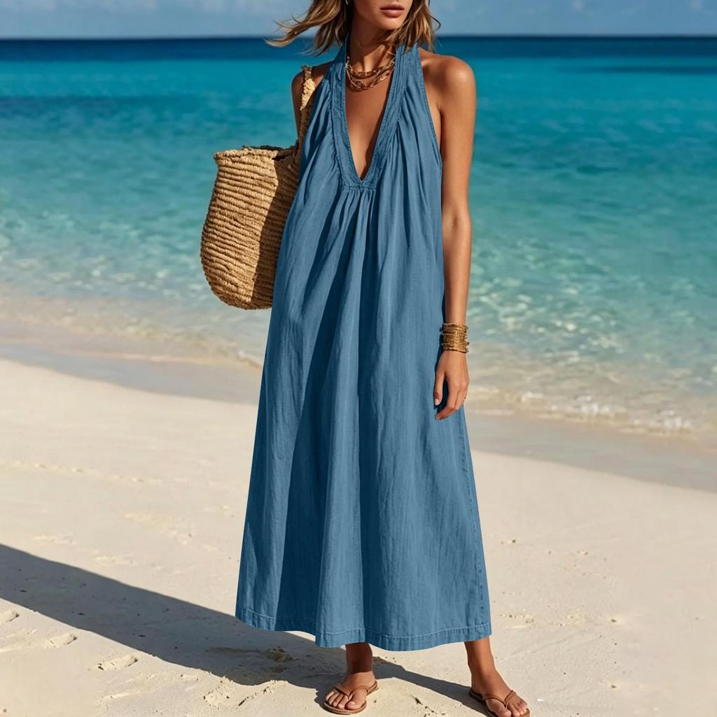 Women's Fashion Sleeveless V Neck Backless Casual Loose Fit Long Dress Summer Beachwear Maxi Dress