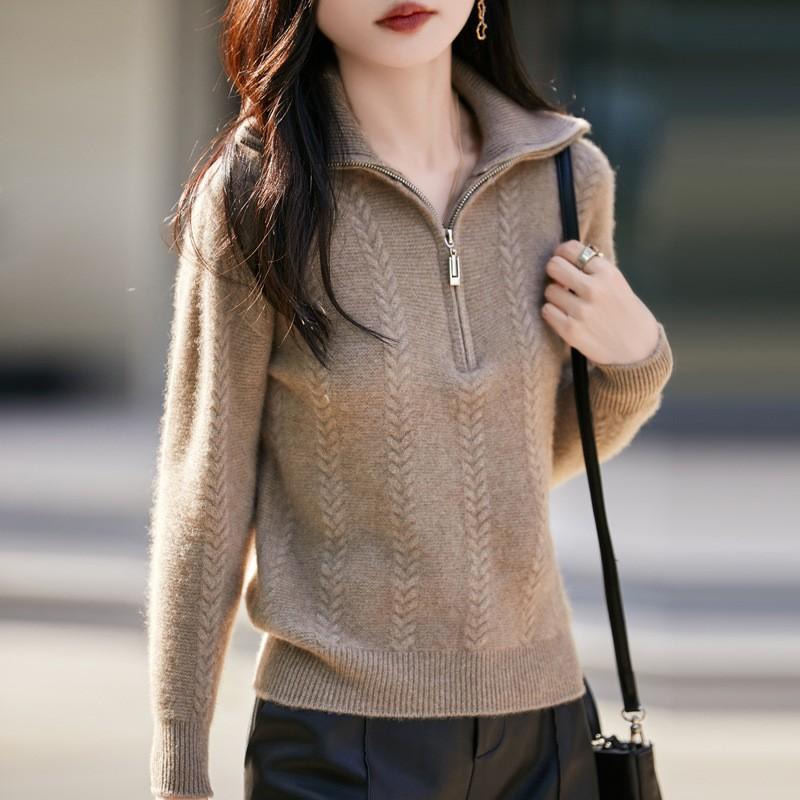 Womens Oversized Chunky Knit Turtleneck Zipper Sweater Soft Wool Pullover Winter Casual Top