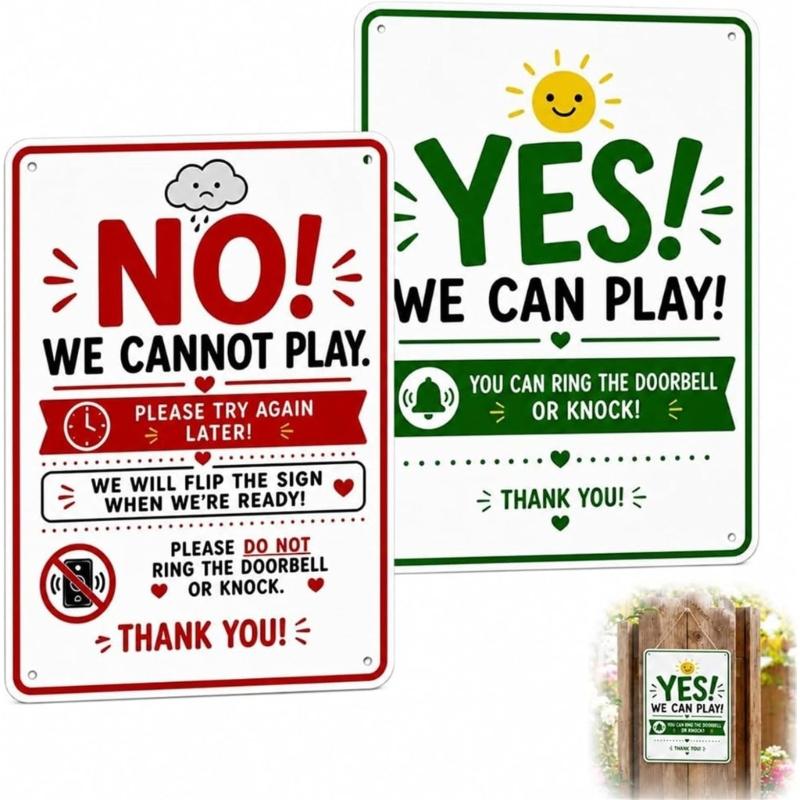 Front Door Play Status Sign, Reversible Double Sided Metal Door Hanger Plaque for Family with Kids and Neighbor Visit