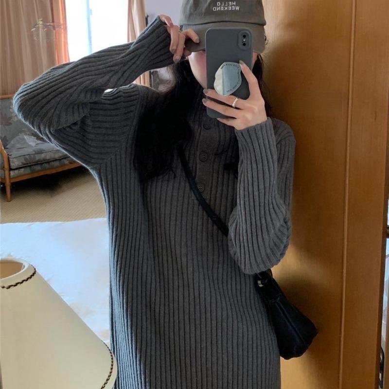 Retro loose and thin knitted dress for women's autumn and winter new medium and long inner sweater skirt trendy