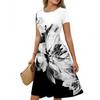 Women's Casual Fashion Round Neck Pleated Short Sleeve Retro Floral A-Line Midi Dress