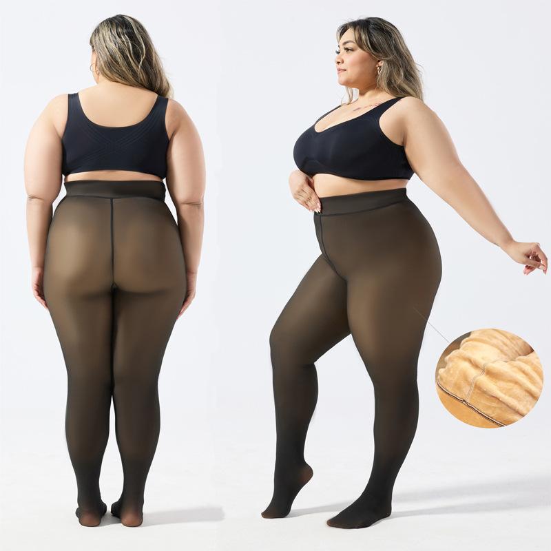 Plus Size Fleece Lined Tights Women, 200G Thermal Sheer Pantyhose, High Waist Windproof Warm Fake Transparent Stockings