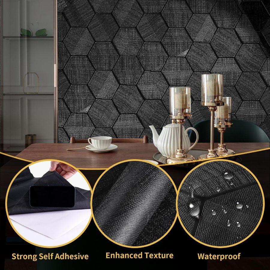 Self Adhesive Black Peel and Stick Wallpaper 15.7" X 78" 3D Hexagon Geometric