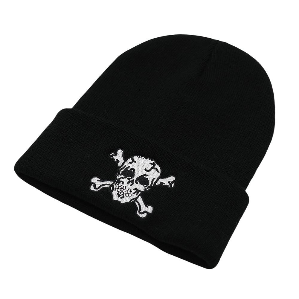 Solid Simple Color Knitted Hat With Skeleton Embroidery Design For Daily