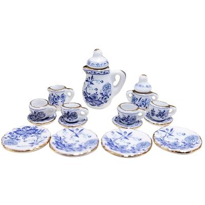 Moin moin Maßstab Miniatur Puppenhaus Geschirr und Besteck Set mit einer blauen Blume und Gold Perfekt für Puppen und andere Dekorationsprodukt
