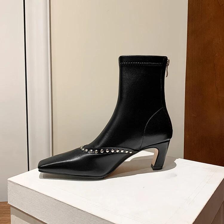 Fashion New Cowhide/suede 6.5cm High Heel Elastic Slimming Boots Autumn Winter Women Pearl/Rivet Style Fashion Ankle Boots Size 34-42