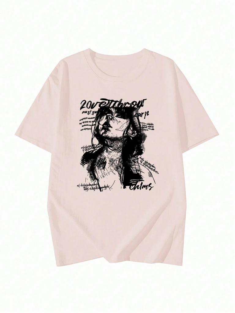 Y2k Stil Koreanisches Lockeres Bedrucktes T-Shirt Niedlicher Cartoon-Druck Drop Shoulder T-Shirt Niedlicher Cartoon-Druck Drop Shoulder