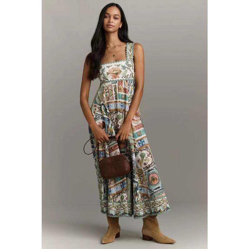 European and American New Linen Loose Waist Suspender Lace Pendulum Dress Women