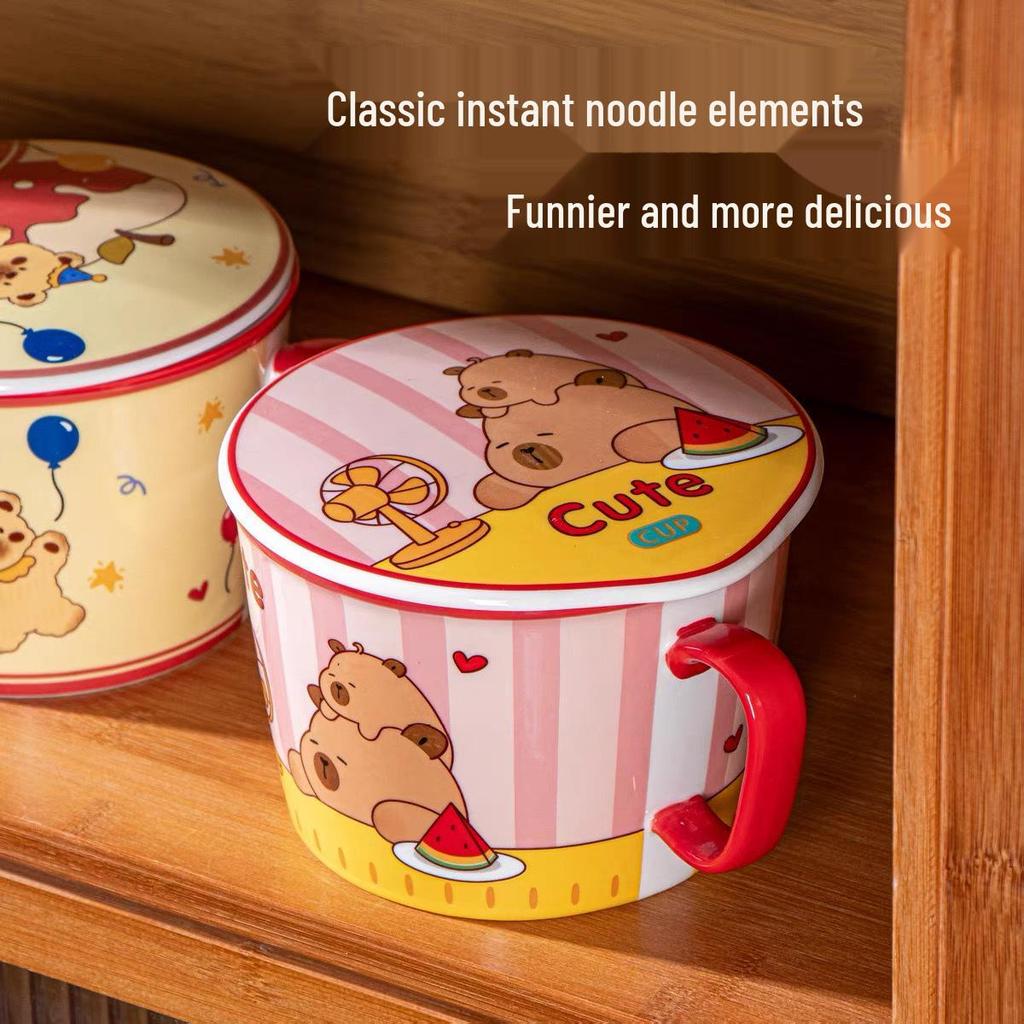 Cartoon Instant Noodle Bowl with Lid and Drain, Large Capacity, Cute Lunch Box for Students