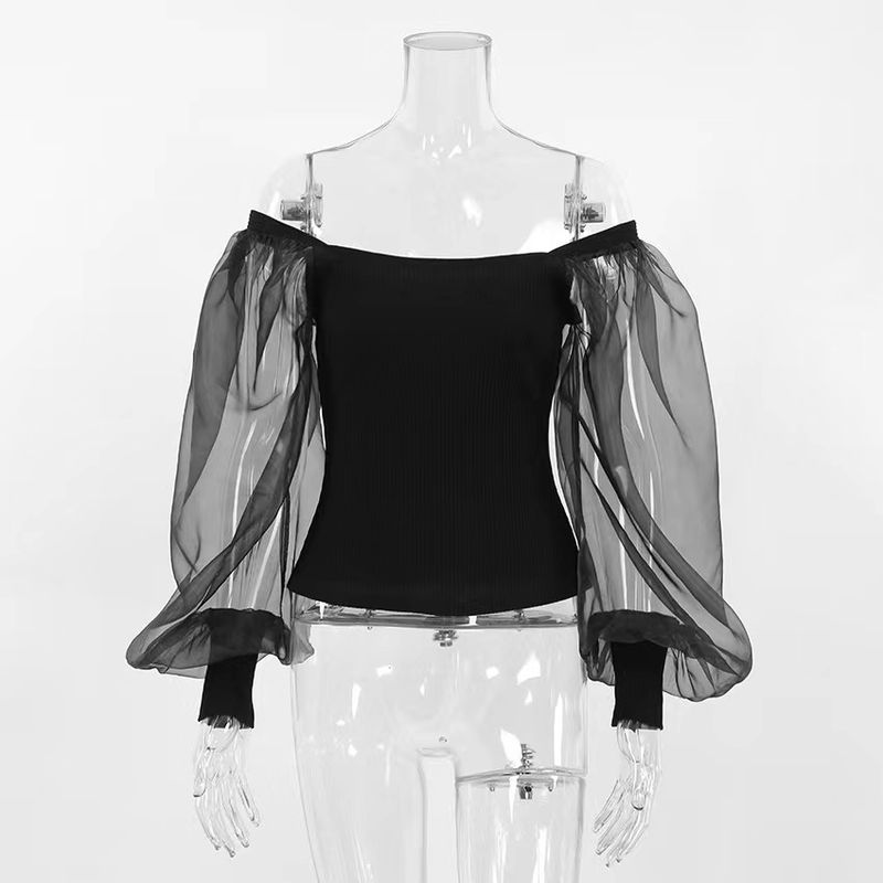 

Мода Новый Сексуальный С открытыми плечами Сетчатый Пышный рукав Прилегающие Топы с открытыми плечами Сексуальный Топ с сетчатыми рукавами Black L