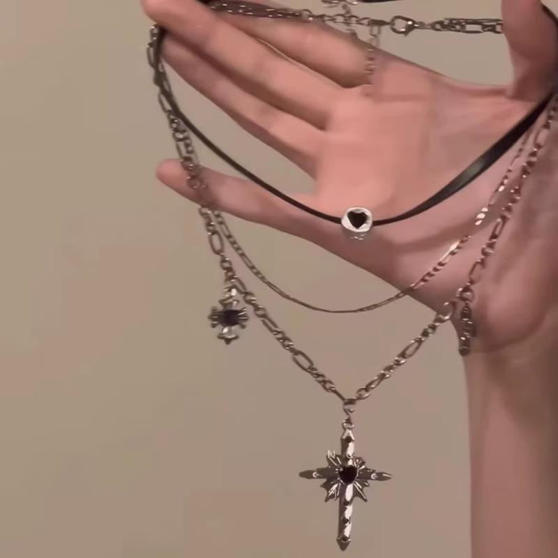 Vintage Black Cross Pendant Adjustable Necklace for Women Men Multi Layer Chain Stacking Choker Clavicle Chain Jewelry Gift