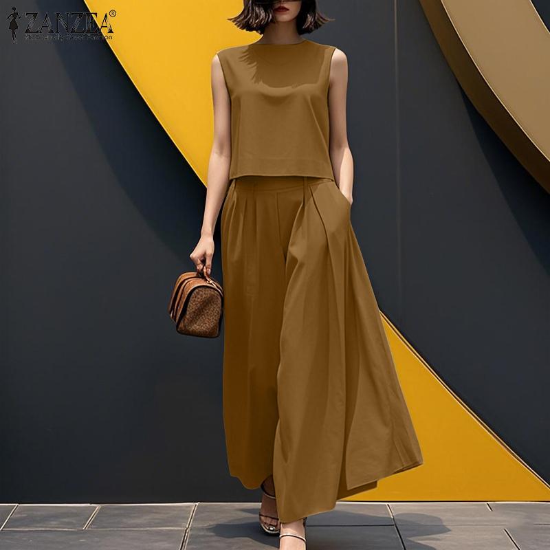 ZANZEA Women Sleeveless Tank Tops and Wide Leg Pants Summer Two Piece Suit Sets