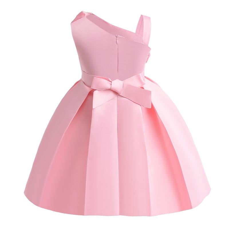 Girls One Shoulder Dress Solid Color Princess Party Kids 3-8 Years