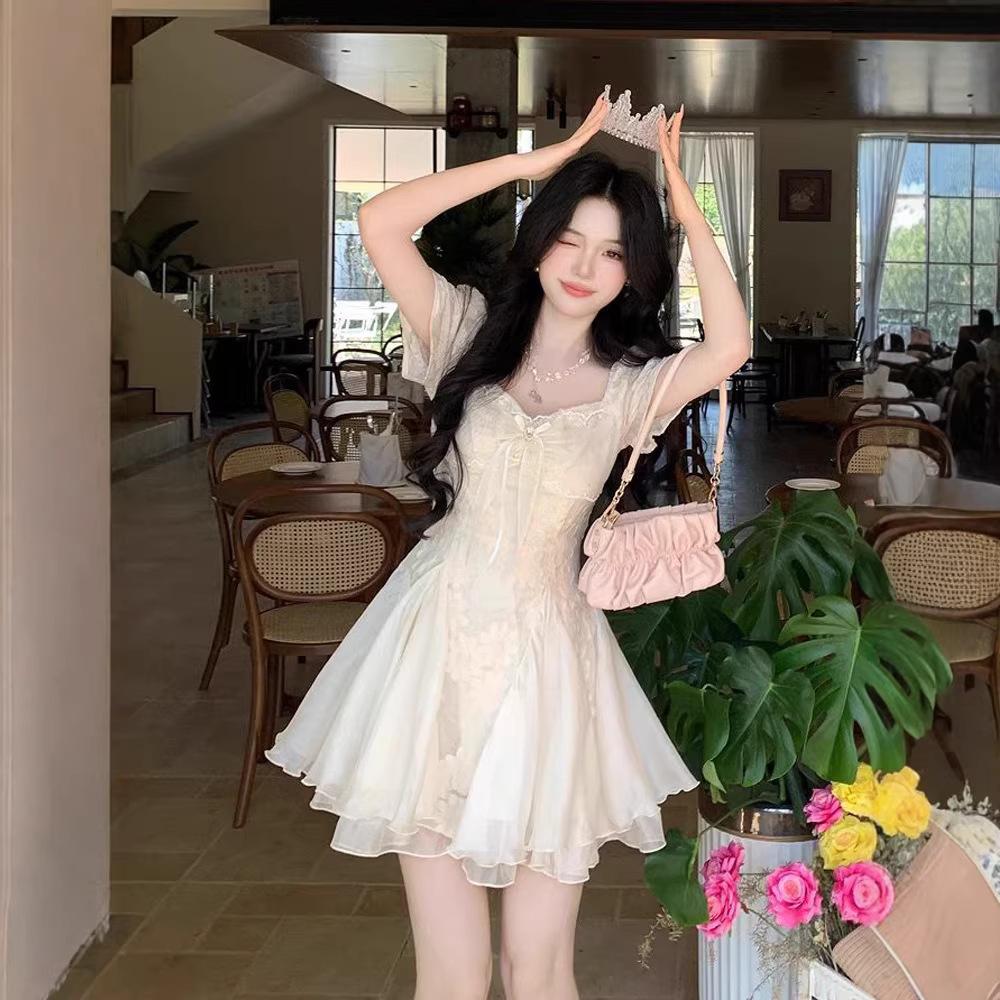 French high-end princess tulle splicing dress waist and thin small temperament cake dress female summer