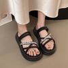 Fashion Versatile Rhinestone Flat Sandals Women 2025 Summer New Outer Wear One Word with Roman Fairy Wind Beach Shoes