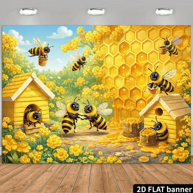 

2D Flat Bee Backdrop Yellow Honeycomb & Flowers Photo Background 47.2x31.5inch/120*80cm