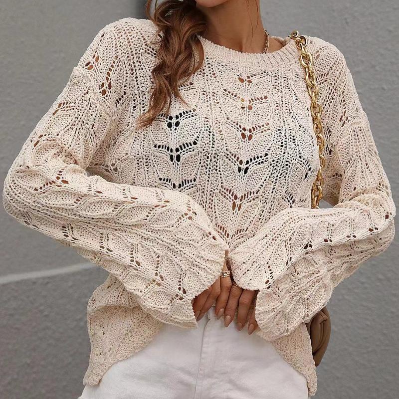 IHUASU Damen Herbst und Winter Strickpullover Einfarbig Häkeln Aushöhlen Pullover O-Ausschnitt Lockerer Pullover