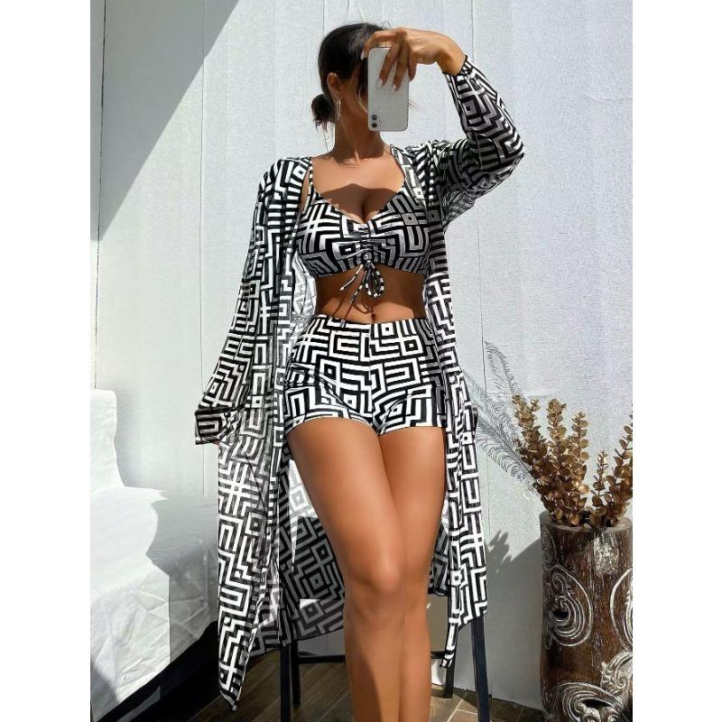 New European and American Women's Split Swimsuit Blouse Three-piece Gather Beach High-waisted Bikini
