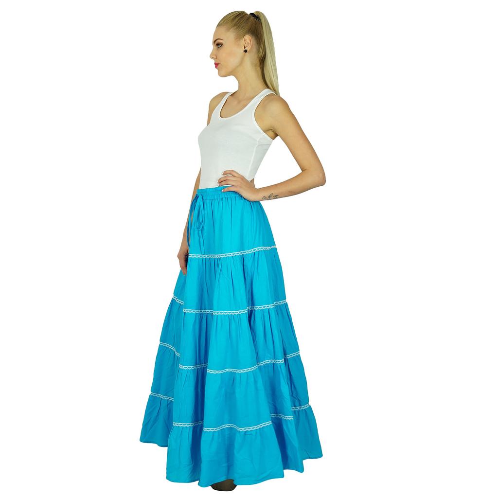 Bimba Damen Langer ausgestellter Baumwollrock Boho Maxi Unterteil Elastische Taille