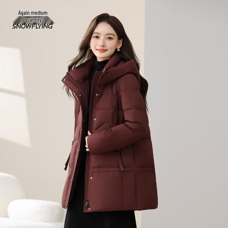 XueZhongFei Damen Mittellange Kapuzen-Winterdaunenjacke