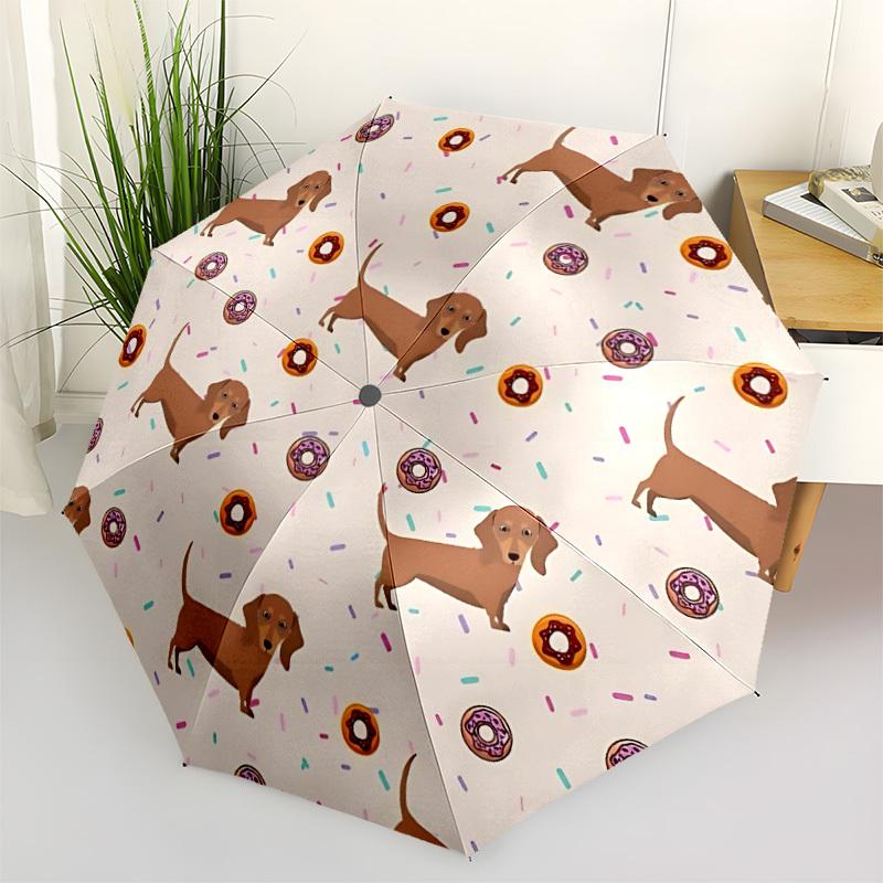 1 Stück Dackel Donuts Automatischer Faltregenschirm - Kompaktes 8-Rippen-Design, Langlebiger Kunststoff & Eisen, Leicht für den Täglichen Gebrauch im Freien118