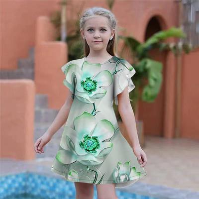 Robes bleues à imprimé de fleurs de pêcher pour filles, robe de soirée pour enfants, coupe ample, jupe à manches courtes pour les filles de plus de quatre ans