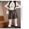 Women's Black PU Leather High-Waisted A-Line Shorts - Wide-Leg, Casual, Slimming, Autumn/Winter 2025