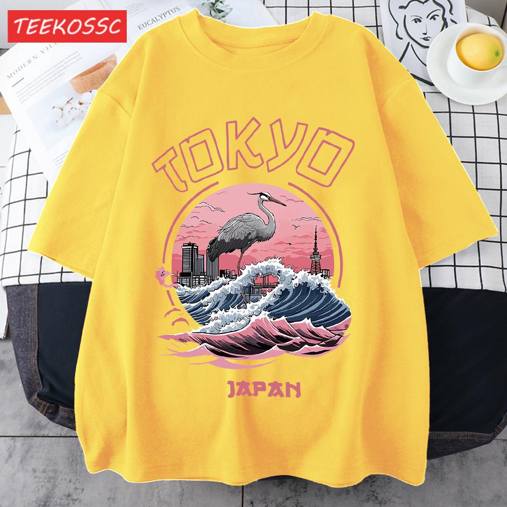 Tokyo Japan Harajuku Crane Waves Men TShirt AllMatch Casual Short Sleeve Cotton Summer Tee Male Hip Hop ONeck Streetwear