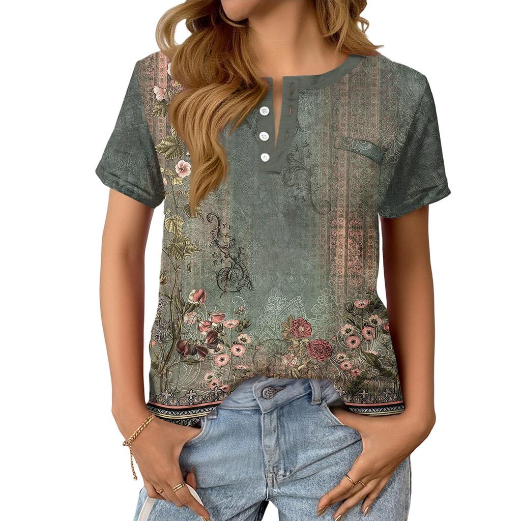 Damska Modna Casualowa Letnia Retro Nadruk Dekolt V Guziki Krótki Rękaw Góra