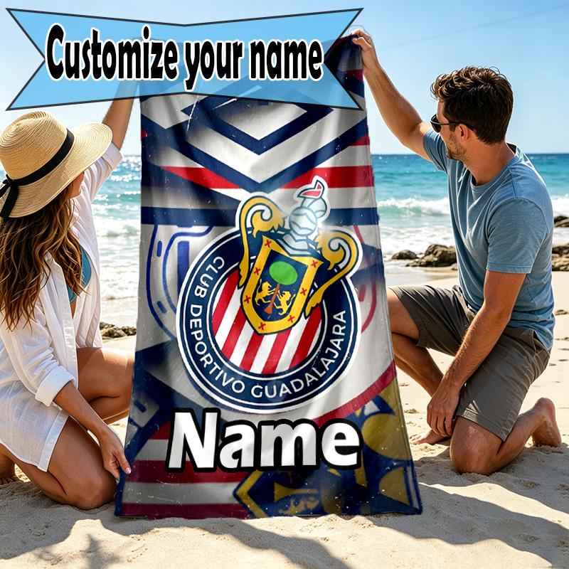 Custom Name Personalized Club Deportivo Guadalajara Print Beach Towel, for Trip Camping Beach Party Home Decor, Birthday Gift for Family & Friends