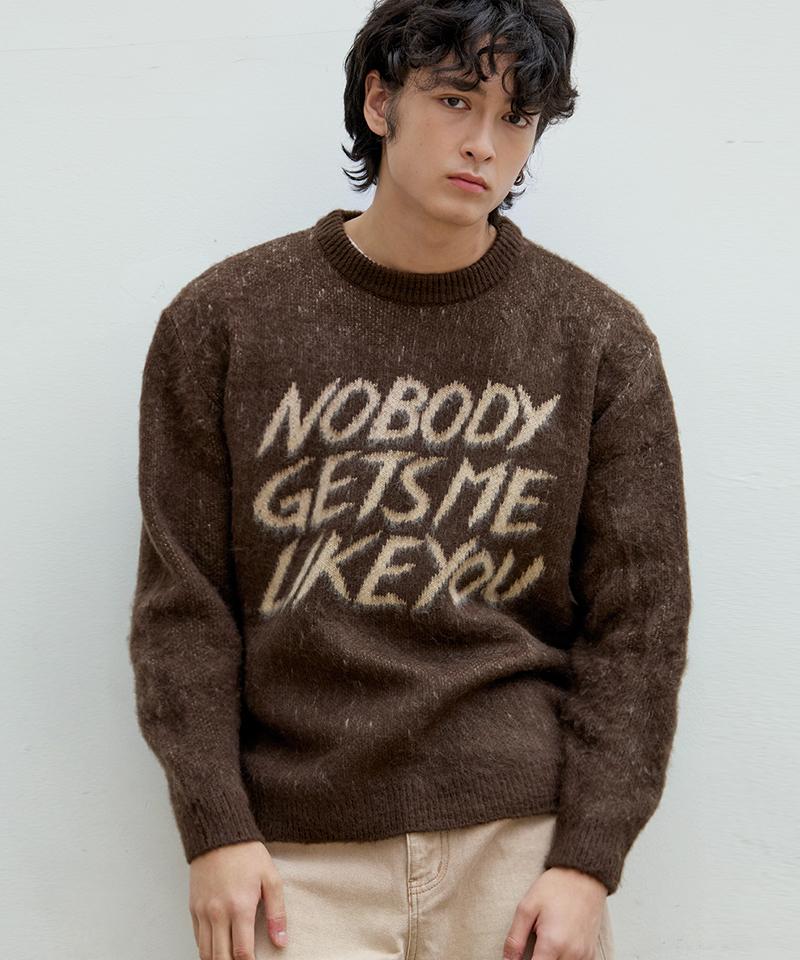 Nod You Brushed Lettering Jacquard Round Hairy Knit [Brown] M