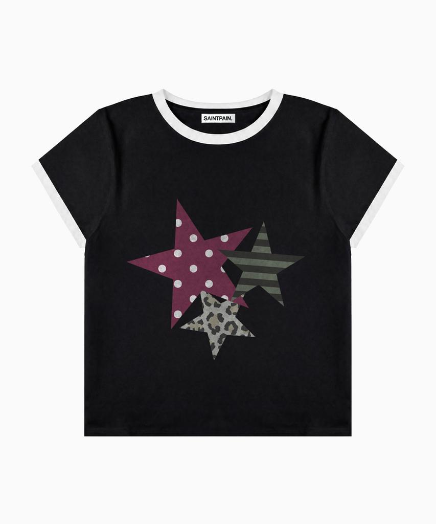 SAINTPAIN Sp Star Patchwork Crop Ringer T-Shirt Black