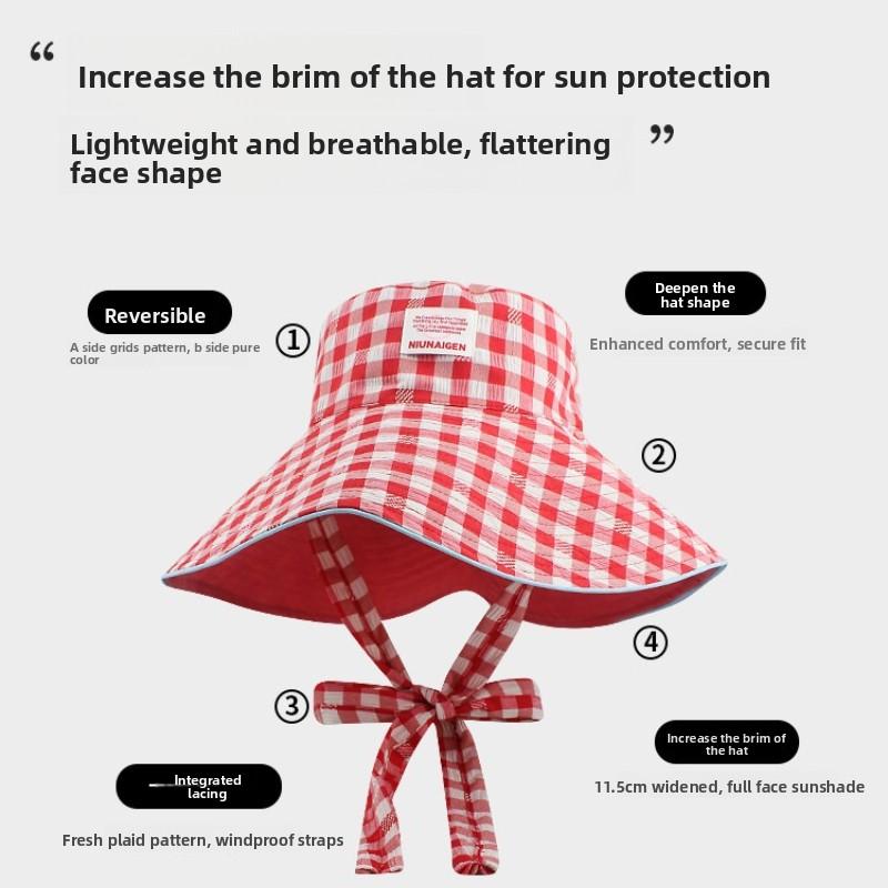 1pc Retro Ins Sweet Plaid Tie Strap Bucket Hat for Women,Summer Big Brim Double Sided Sun Caps Travel Versatile Fisherman Hats