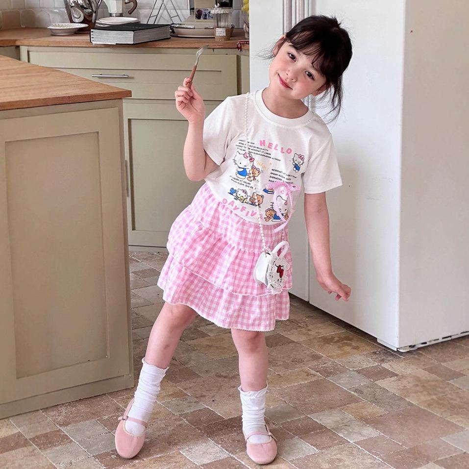 2025 Korean Style Girls' Trendy Plaid Two-Piece Set with Cartoon Short Sleeves