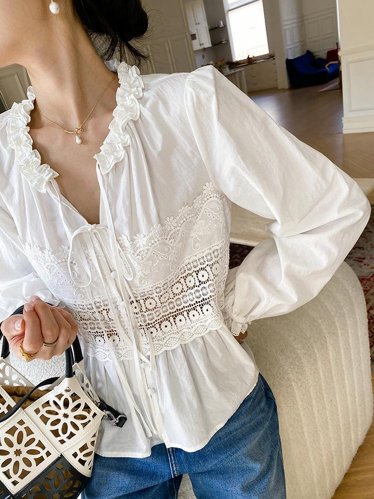 Autumn Lace Long Sleeve White Shirt - European & American Style Women's Top