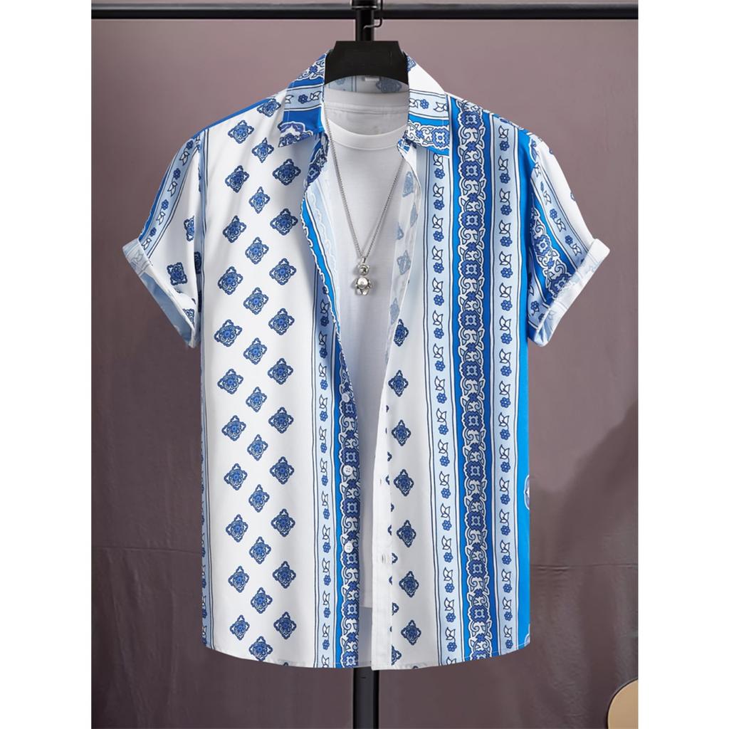 Spring And Summer Men's Beach Short Sleeve Shirt Loose Casual Lapel Button Down Shirt Fashion