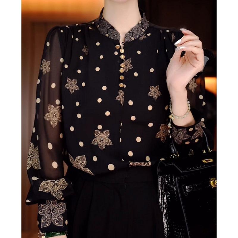 Fashion polka dot printed stand-up collar shirt women's spring and summer new loose meat covering long sleeves foreign style mother clothing thin top