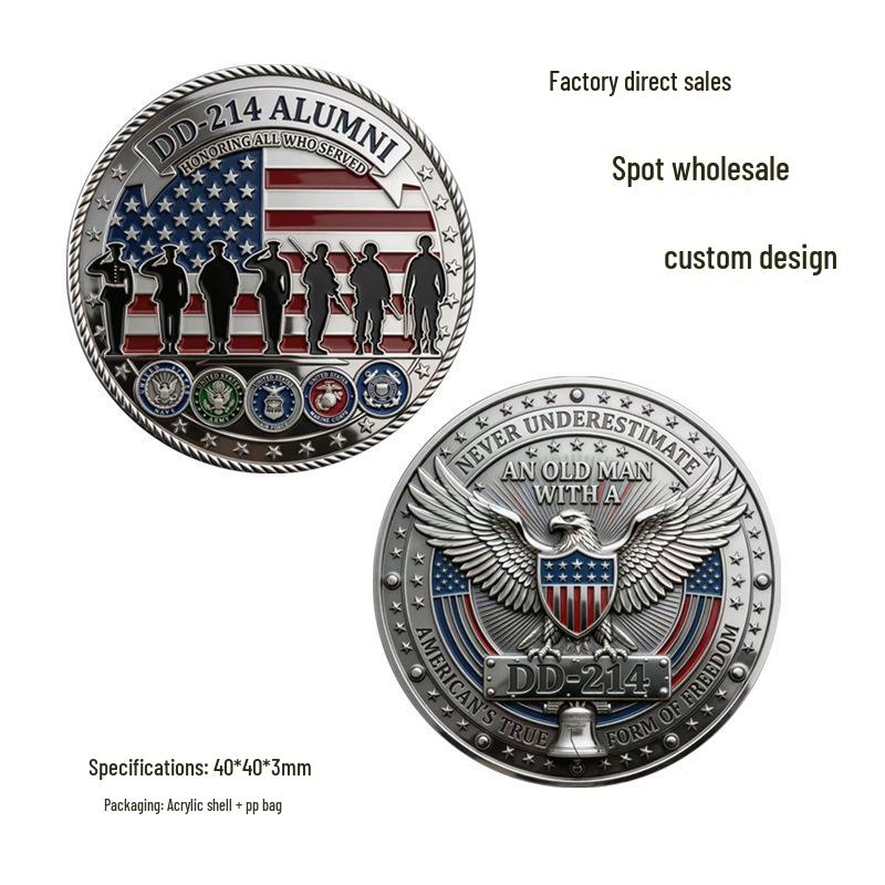 US Military Service Commemorative Coin and DD-214 Veteran Badge with Sea Eagle Design 40x40x3mm