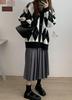 Japanese Academy Diamond Pattern Loose Knit Cardigan - Women's Slimming Color Block Sweater