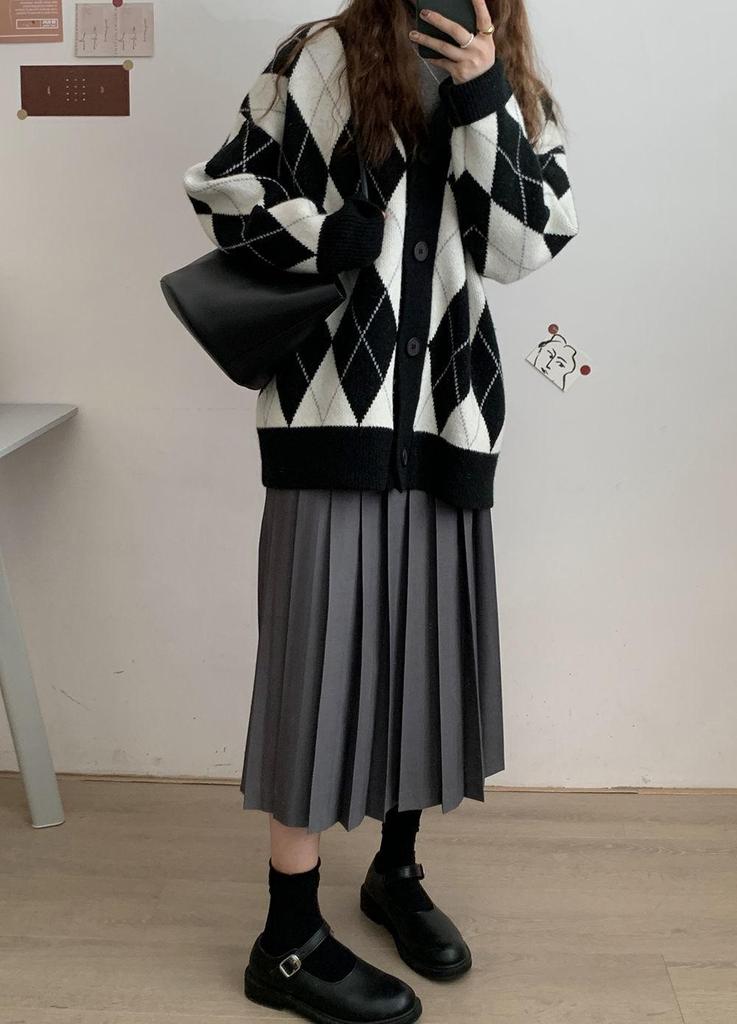 Japanese Academy Diamond Pattern Loose Knit Cardigan - Women's Slimming Color Block Sweater