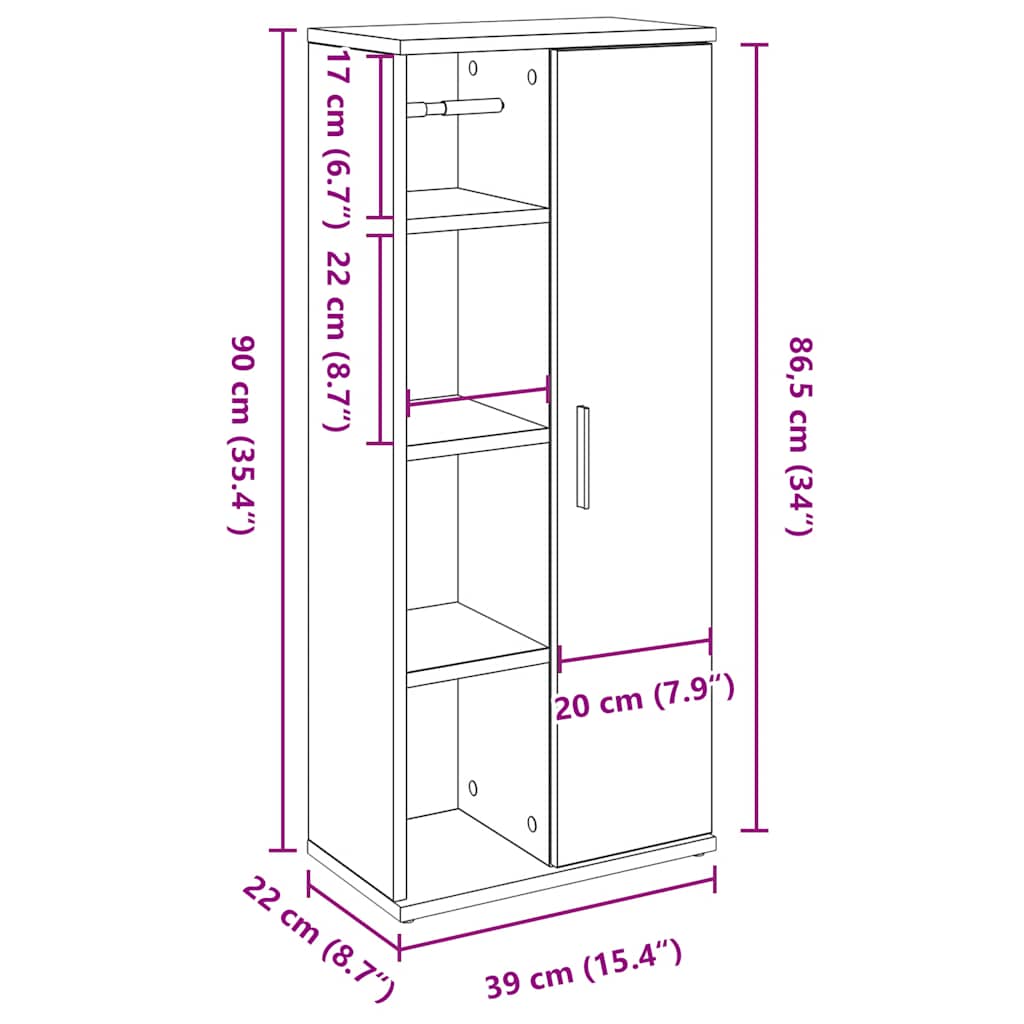 Bathroom Cabinet with Toilet Paper Holder Black 39 X 22 X 90 Cm