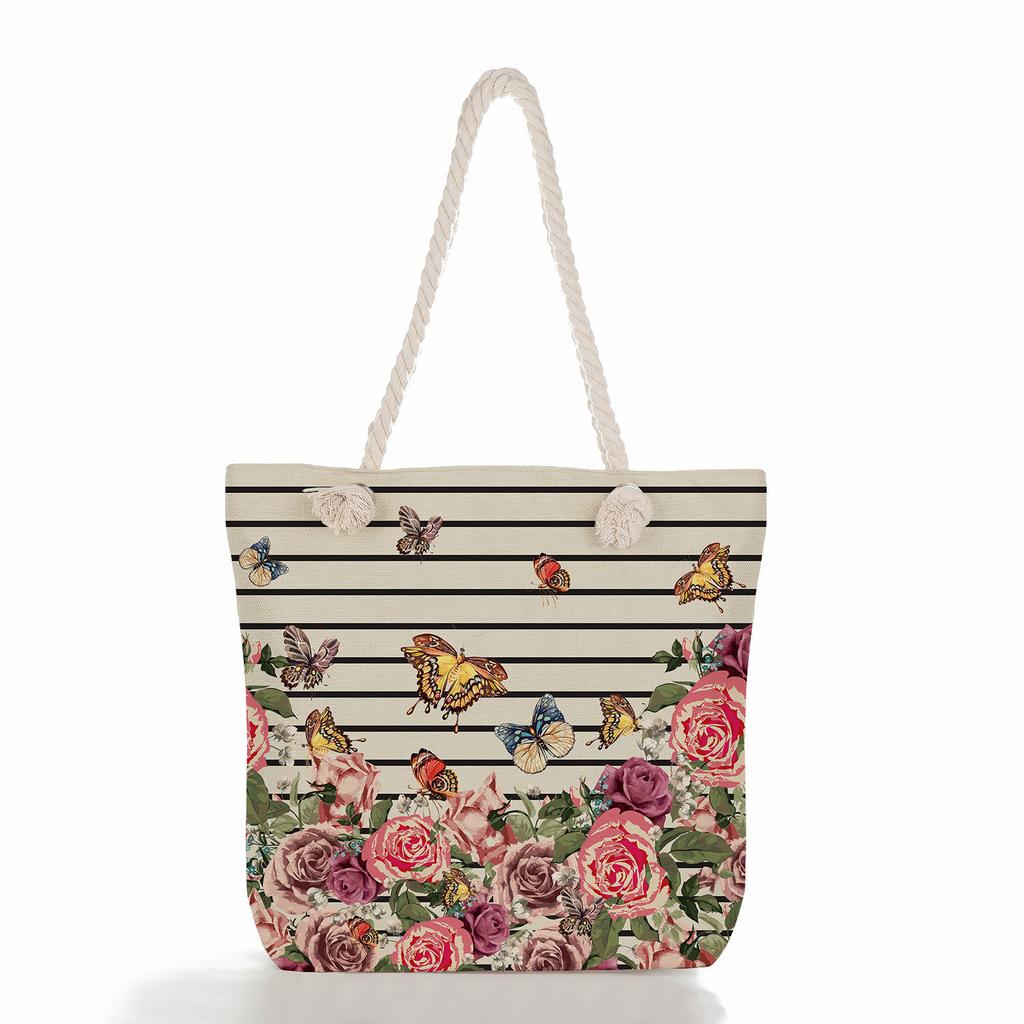 Multifunctional Flowers and butterflies Printed Thick Rope Shoulder Beach Bag Casual large capacity handbag 7615 KTB