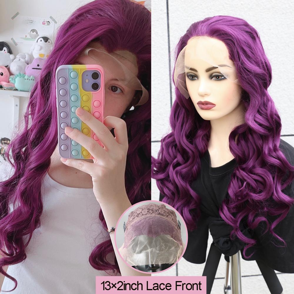 Perucă braziliană din dantelă mov sintetică Sivir Peruci lungi și drepte pentru femei, parțiunea de mijloc, petrecere/zircuită/fibră rezistentă la căldură cosplay