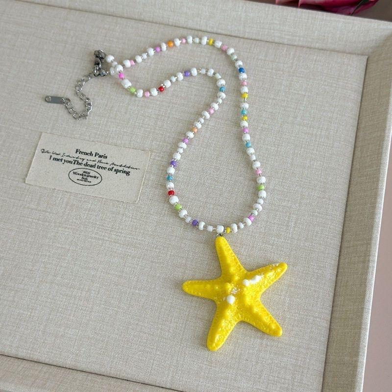Trendy Bohemian Starfish Necklace Dopamine Beaded Cute Surfer Style Jewelry for Girls Daily Wear Beach Party