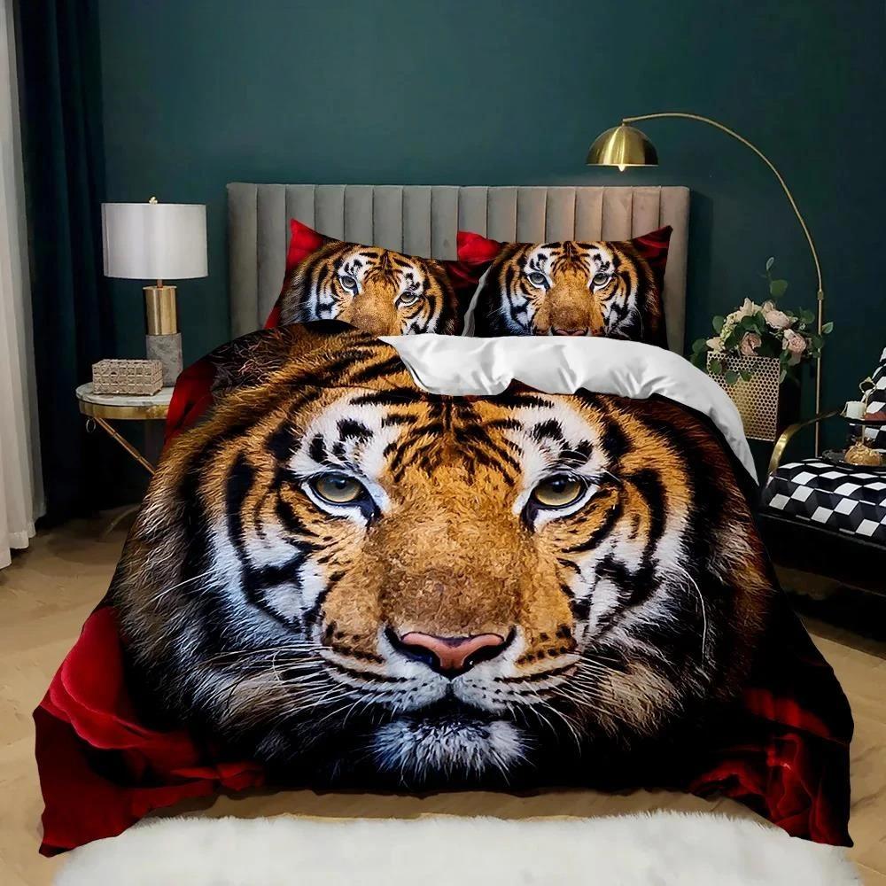 Sada povlečení Tiger Red Rose Flower Přikrývka pro chlapce Africké safari Divoká zvířata Velká kočka Queen King Polyesterový povlak na přikrývku