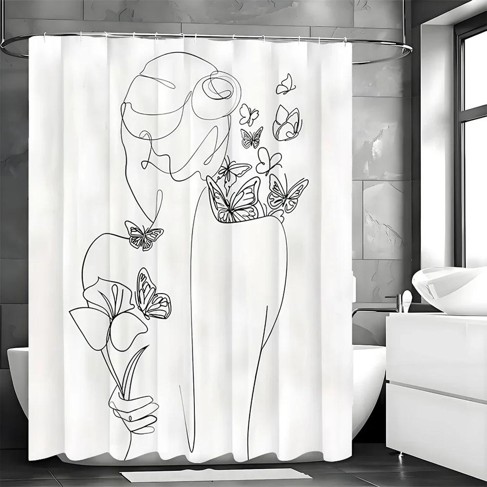 Abstract Ladies Minimalist Mid-Century Floral Butterfly Modern Art Shower Curtain, Bathroom Decorative Shower Curtain, Waterproo