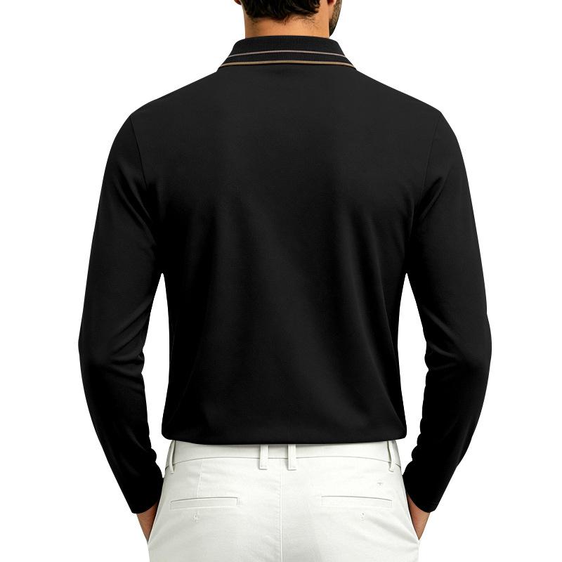 Autumn Mens Solid Long Sleeve Polo Shirt Contrast Striped Lapel Collar Button Placket Breathable Golf Casual Wear Tees