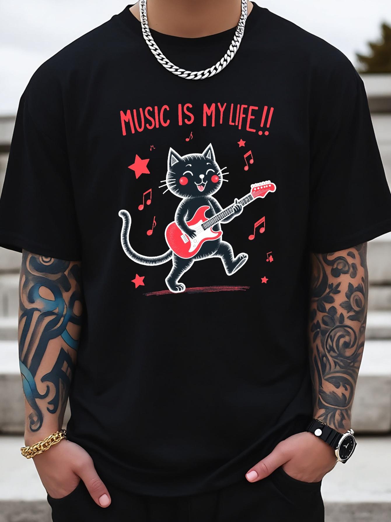 Music is My Life Graphic T-shirt - Black Cat with Red Guitar XXXXL