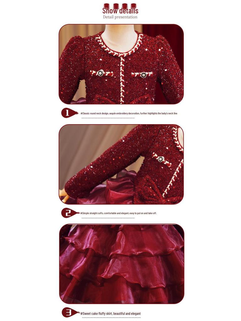 Girls' Wine Red Sequin Skirt with Bow & Tulle - Autumn/Winter Formal Christmas Dress