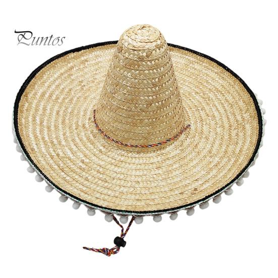 Zonnehoed Mexicaanse Sombrero met Kleurrijke Pompons, Hawaiiaanse Stijl Geweven Strohoed, Brede Rand Lichtgewicht Alle Seizoenen Feestkostuum voor de Zomer